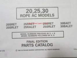 Johnson-Evinrude huolto 1993, 20, 25, 30 Rope AC Models, final edition Parts catalog, katso tarkemmat malli merkinnät kuvasta.