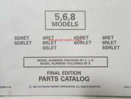 Johnson-Evinrude huolto 1993, 5, 6, 8 Models, final edition Parts catalog, katso tarkemmat malli merkinnät kuvasta.
