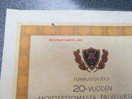 P.C. Rettig - 20-vuotta palveluksessa -pronssinen ansiomerkin myöntökirja