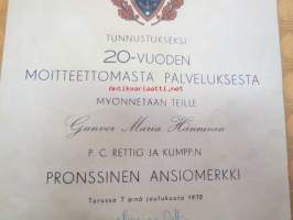 P.C. Rettig - 20-vuotta palveluksessa -pronssinen ansiomerkin myöntökirja