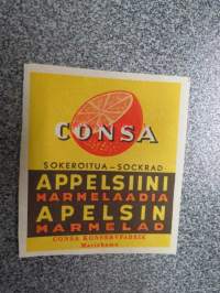 Consa sokeroitua / sockrad Appelsiinimarmelaadia / Apelsin marmelad - Consa Konservfabrik, Mariehamn -etiketti