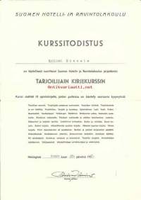 Kurssitodistus Tarjoilijan kirjekurssi 1957 - koulutodistus