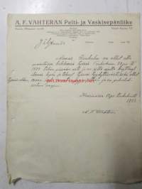 A.F. Vahteran Pelti- ja Vaskisepänliike, Kaarinass toukokuun 19. 1932 -asiakirja