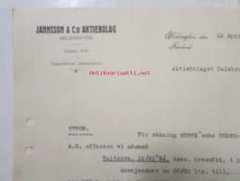 Jannsson &amp; C:o Aktiebolaget, Helsinfors 22 april 1921. -asiakirja