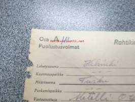 Puolustusvoimat Helsinki-Turku Metalli Oy -rautatierahtikirja 10.4.1946 Aseman virkailijan nimileima Arvi Nuoramo