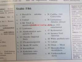 Mobilisti 1984 nr 5 -Lehti vanhojen autojen harrastajille, sisällysluettelo löytyy kuvista.