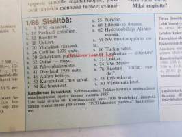 Mobilisti 1986 nr 1 -Lehti vanhojen autojen harrastajille, sisällysluettelo löytyy kuvista.