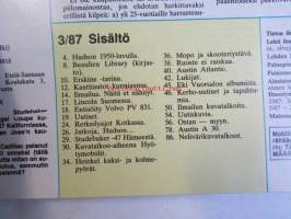 Mobilisti 1987 nr 3 -Lehti vanhojen autojen harrastajille, sisällysluettelo löytyy kuvista.