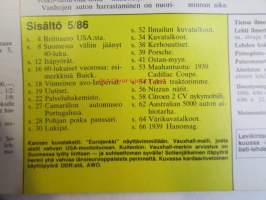 Mobilisti 1986 nr 5 -Lehti vanhojen autojen harrastajille, sisällysluettelo löytyy kuvista.