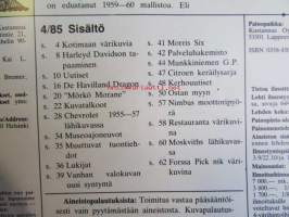 Mobilisti 1985 nr 4 -Lehti vanhojen autojen harrastajille, sisällysluettelo löytyy kuvista. Laaja esittely Chevrolet 1955-57 malleista. Ford V-8 malleista kuvia