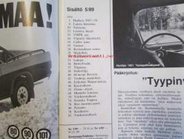 Mobilisti 1989 nr 5 -Lehti vanhojen autojen harrastajille, sisällysluettelo löytyy kuvista.