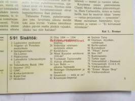 Mobilisti 1991 nr 5 -Lehti vanhojen autojen harrastajille, sisällysluettelo löytyy kuvista.