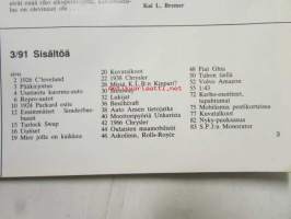Mobilisti 1991 nr 3 -Lehti vanhojen autojen harrastajille, sisällysluettelo löytyy kuvista.