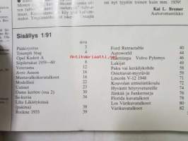 Mobilisti 1991 nr 1 -Lehti vanhojen autojen harrastajille, sisällysluettelo löytyy kuvista.