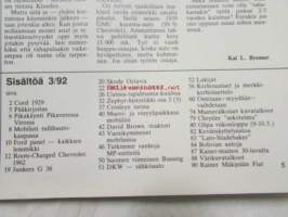 Mobilisti 1992 nr 3 -Lehti vanhojen autojen harrastajille, sisällysluettelo löytyy kuvista.