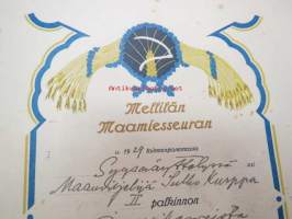 Mellilän Maamiesseura Kunniakirja / II palkinto Sulho Peltokurpalle juurikasveista