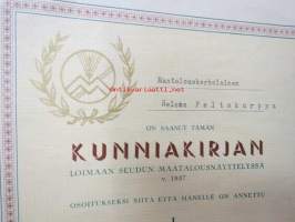 Loimaan seudun maatalousnäyttely v. 1937 Kunniakirja / I palkinto Helena Peltokurppa säilykkeistä