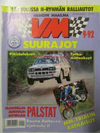 Vauhdin Maailma 1992 nr 9 -mm. Jyväskylän Suurajot, Formula 1 GP:t Unkari ja Belgia, Paris-Peking 16 000 km, Motocross-MM Heinola mestaruus jenkkeihin, Drag