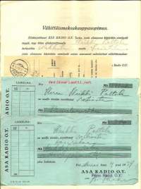 ASA Radio Oy / Porin Radio Oy - Asa malli nro 320 osamaksusopimus, 2 osamaksukuittia ja Postin Tiedoksianto lähetyksestä:radio 4.11.1939