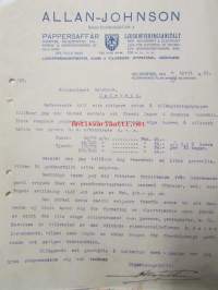 Allan-Johnsson Pappersaffär Ljusopierringsanstalt Helsingfors, Helsingfors 8 april. 1921. -asiakirja