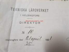 Tekniska Läroverket, Helsingfors 21. april 1921. -asiakirja