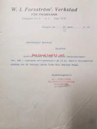 W. I. Forsström&#039;s Verkstad för Fin-Mekanik, Helsingfors 16. mars 1921. -asiakirja