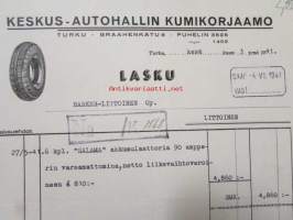 Keskus-autohallin Kumikorjaamo. Turku kesäkuun 3. 1941 -asiakirja