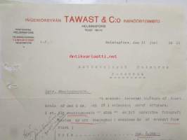 Ingeniörbyrån Tawast &amp; C:o Insinööritoimisto, Helsingfors 11 juni 1921. -asiakirja