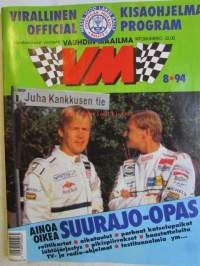 Vauhdin Maailma 1994 nr 8 -mm. Formula 1 Ranska nigelin paluu, Englanti ja Saksa, Rata-SM Kemora, Rallin-MM Argentina Juhan epäonni, Rallicross-EM Suomi, Maxda MX