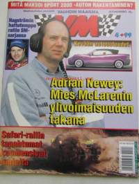 Vauhdin Maailma 1999 nr 4 -mm.Adrian Newey voittoautojen suunnittelu, Formula 1 Australia kakkosmies nousi ykköseksi, Rallli-MM Safari Mäkisen turha loppukiri,