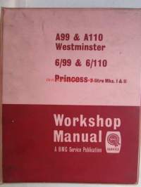 A99 &amp; A110 Westminster, 6/99 &amp; 6/110 Princess 3-litre Mks. I &amp; II, Workshop Manual A BMC Service Publication -Korjauskäsikirja Katso kuvista autojen mallikuvat.
