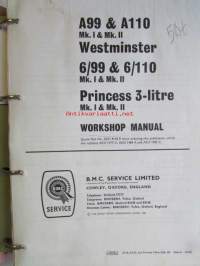 A99 &amp; A110 Westminster, 6/99 &amp; 6/110 Princess 3-litre Mks. I &amp; II, Workshop Manual A BMC Service Publication -Korjauskäsikirja Katso kuvista autojen mallikuvat.