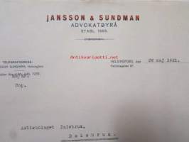 Jansson &amp; Jansson Advokatbyrå, Helsingfors 28. maj 1921 -asiakirja