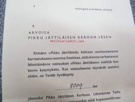 Pikku Jättiläinen, tietokirjan esite, Pikku Jättiläisen kerhon hopeamerkkivaatikukset, jäsenkortti jäsen nr 8009