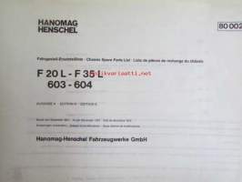Hanomag Henschel, Chassis F 20 L- F35 L, 603-604, - F46KA-L, Ausgabe A 1972 -Varaosakirja, Katso tarkemmat moottori ja mallimerkinnät.