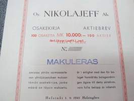 Oy Nikolajeff Ab Helsinki 10 000 mk -osakekirja