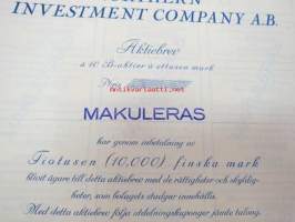 Northern Investment Company Ab, 10 B-aktier, 10 000 mk; Helsinki -osakekirja -share certificate