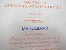 Northern Investment Company Ab, 10 A-aktier, 10 000 mk; Helsinki -osakekirja -share certificate