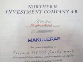 Northern Investment Company Ab, 1 A-aktie, 1 000 mk; Helsinki -osakekirja -share certificate