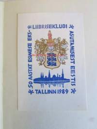 Ex Libris 50 Aastat Esimese Eks Liibrisklubi Asutamisest Eestis Talinn 1989 -kirjanomistajamerkki, Taitettu kortti2 käyttämätöntä CCCP postimerkkiä