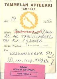 Tammelan Apteekki Tampere  , resepti  signatuuri  ja apteekkipussi