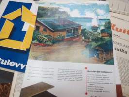 Kuitulevy -esittelykansio, jossa eri tehtaitten erillisiä ja yhteisesitteitä, lehtiä &amp; mainoksia
