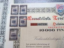 Frenckellska Tryckeri Aktiebolaget, Helsingfors 1927, 10 000 mk prioritetsaktie, Vicehäradshövdingen Rafael von Frenckell -osakekirja