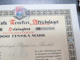 Frenckellska Tryckeri Aktiebolaget, Helsingfors 1927, 10 000 mk prioritetsaktie, Vicehäradshövdingen Rafael von Frenckell -osakekirja