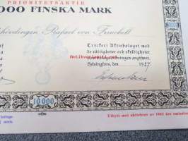 Frenckellska Tryckeri Aktiebolaget, Helsingfors 1927, 10 000 mk prioritetsaktie, Vicehäradshövdingen Rafael von Frenckell -osakekirja