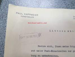 Paul Kappmeier, Kunstmaler, Lüneburg 13.7.1923, tarjouskirje maalauksista Littoinen Oy:lle (Yleisen saksalaisinnostuksen ja moraalisen kiitollisuuden velan