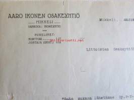 Aaro Ikonen Osakeyhtiö, Mikkeli marraskuun 13. 1922 - asiakirja