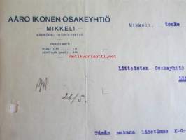 Aaro Ikonen Osakeyhtiö, Mikkeli toukokuun 22.. 1922 - asiakirja