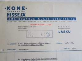 Kone Osakeyhtiö Hissejä nostokraanoja kuljetuslatteita, Helsinki 19.1. 1943. -asiakirja