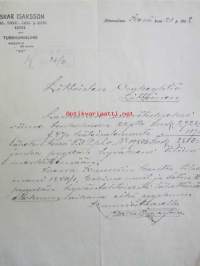 Oscar Isaksson Kangas-turkki-lakki-hattukauppa, Hämeenlinna kesäkuun 21. 1922. -asiakirja